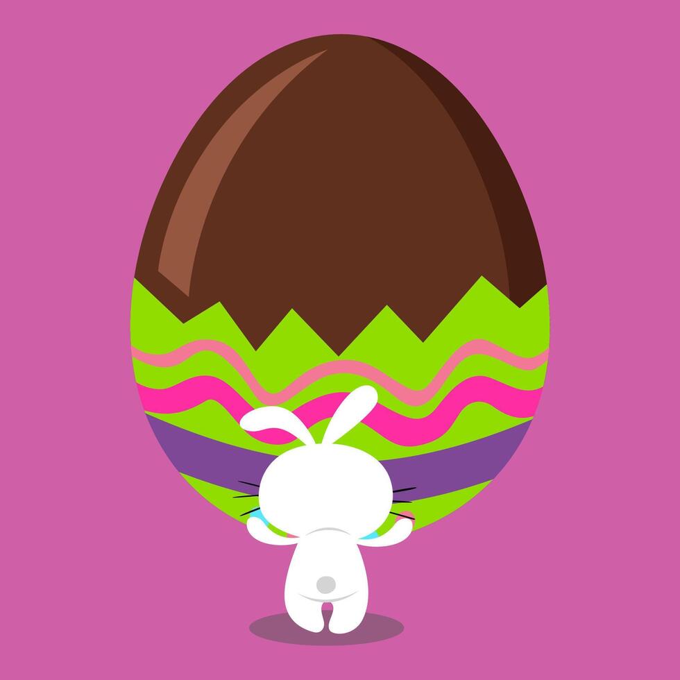 Happy easter card with white rabbit holding a large chocolate egg vector