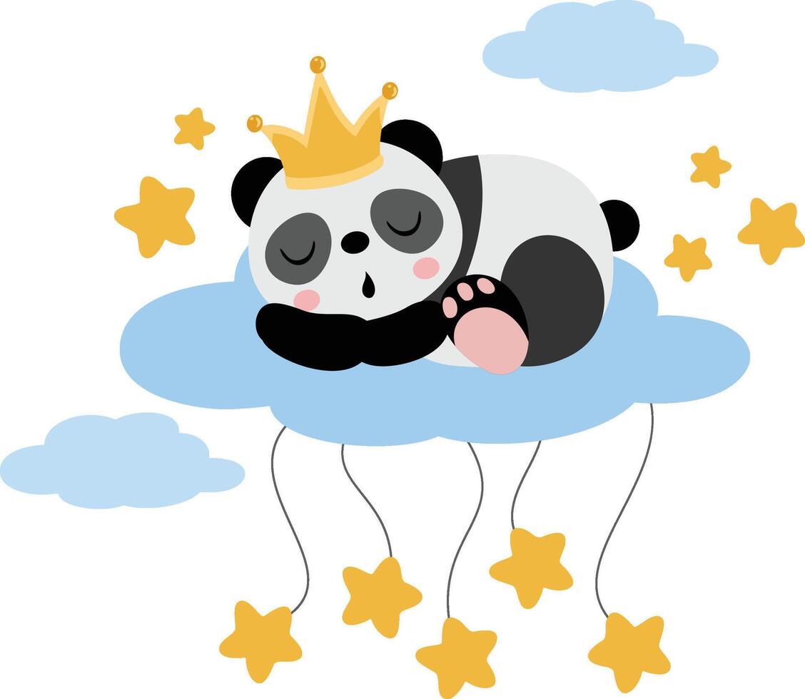 Cute panda with crown sleeping on cloud with stars vector