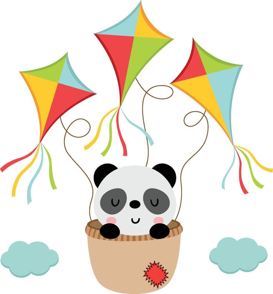 Cute panda flying inside basket with kites vector