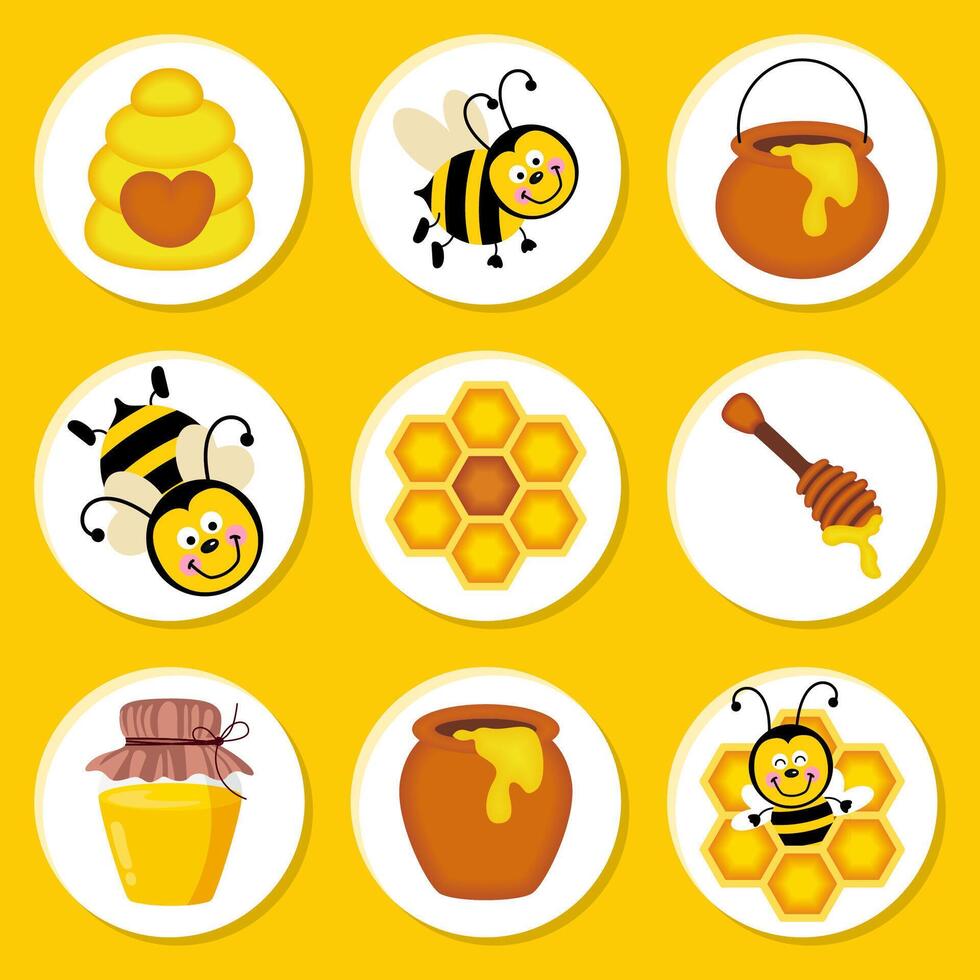 Round bee and honey stickers on yellow background vector
