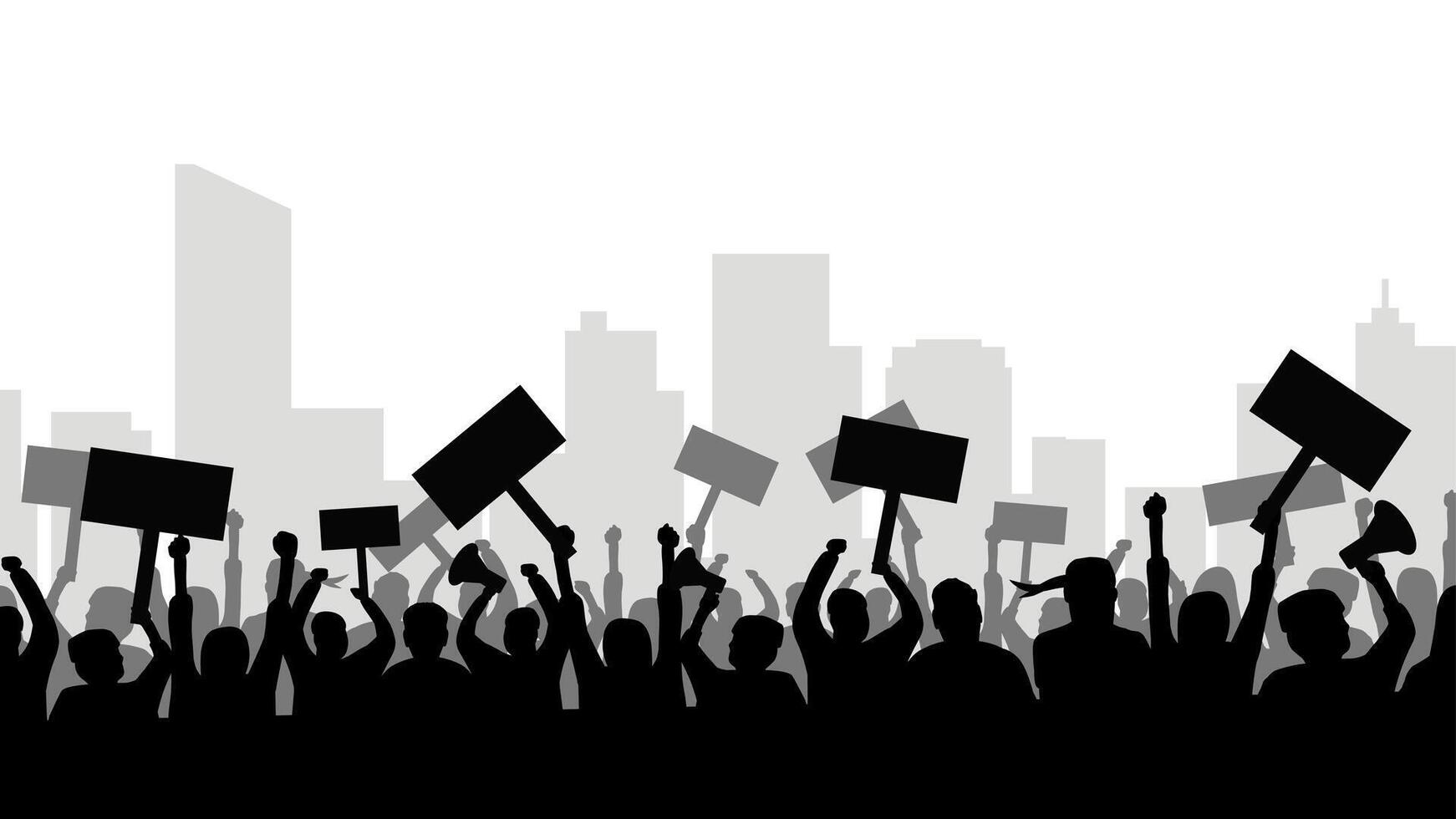 Crowded civil demonstration with protest boards in the city. Illustration about social issues with crowds of people holding placards and megaphone. People protests in front of skyline building vector
