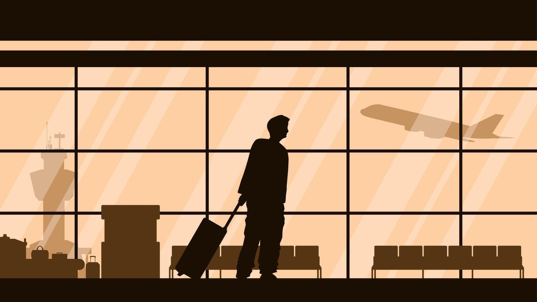 A passenger dragging luggage in the airport lounge. Illustration of traveler with suitcase in the airport lobby with takeoff plane in the background. Airport hall with seating and runway plane vector