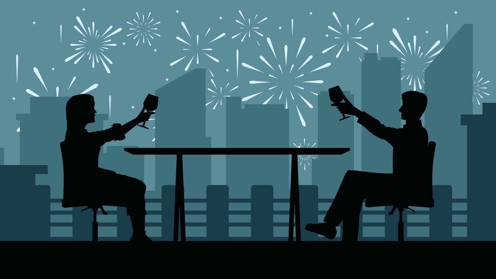 A couple having dinner on top of building with sky full of fireworks. Illustration of two people drinking in the night of new year holiday. Date of couple with cityscape and fireworks party vector