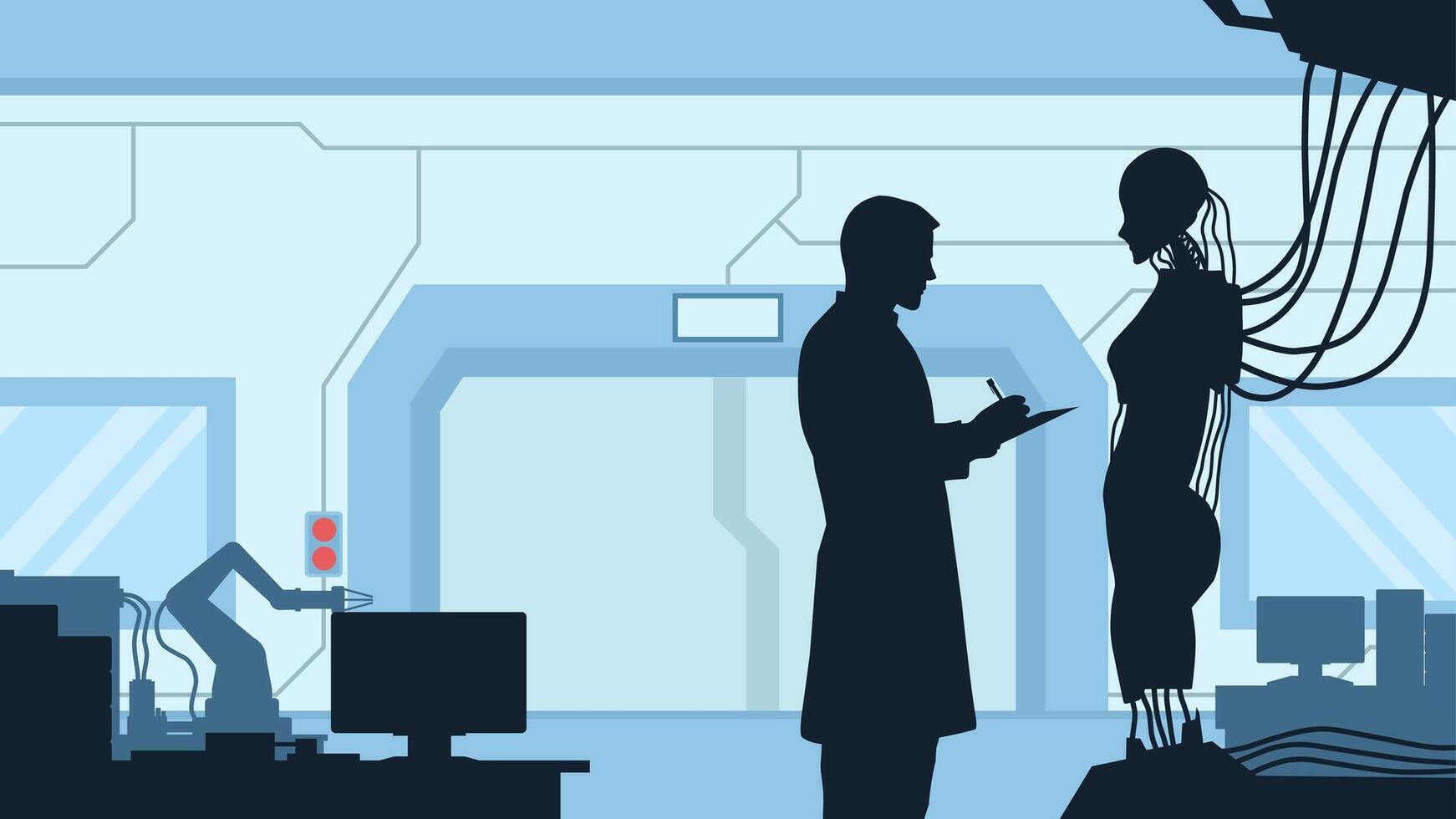 Scientist creates an artificial intelligence robot in the robotic lab. Illustration of scientist analyze the humanoid robot. Research of artificial intelligence robot in the experiment lab vector