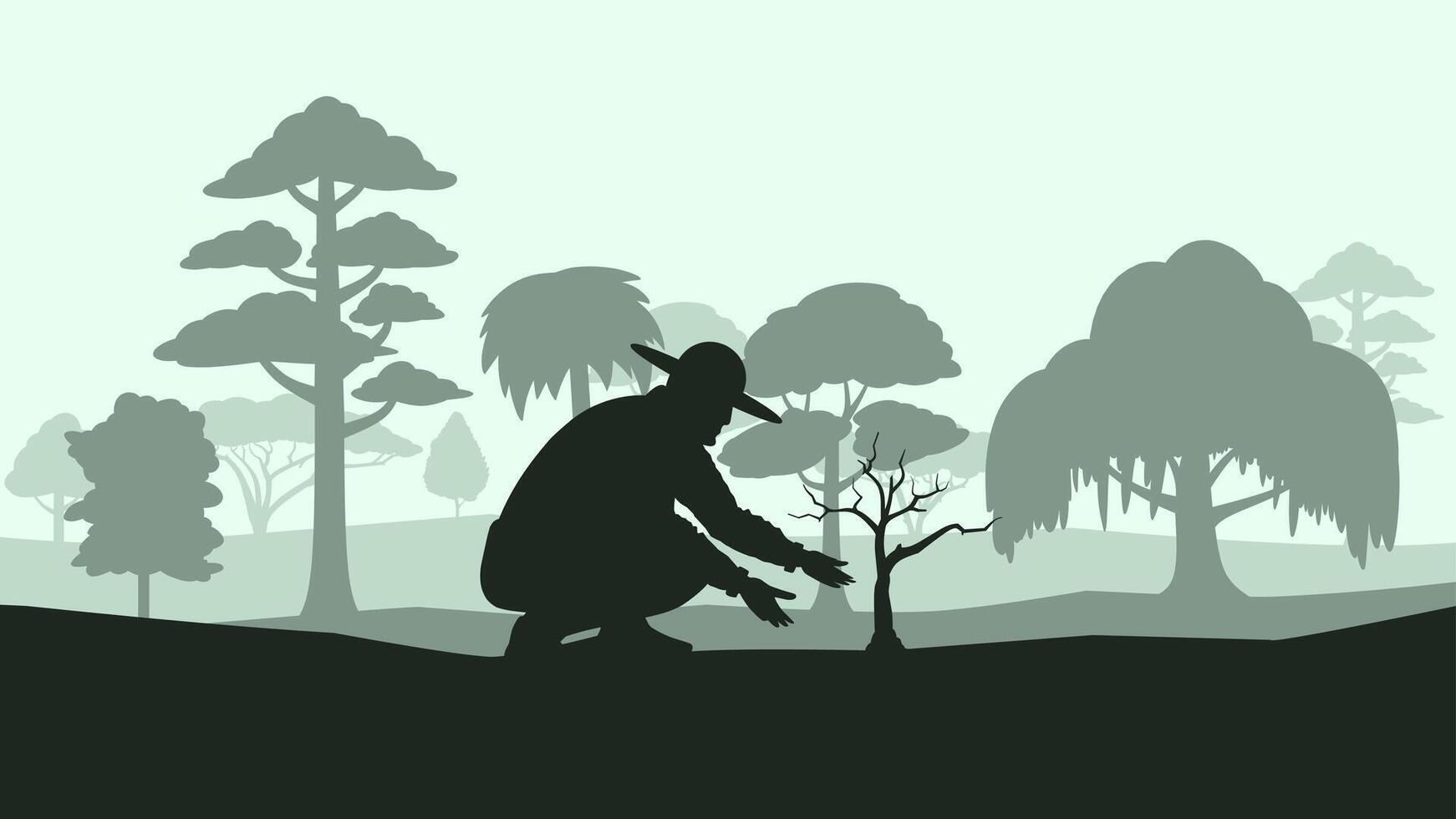 A person is planting a plant in the forest to help the environment. Illustration of a gardener planting sapling for reforestation. Afforestation to protect environment by planting small tree vector