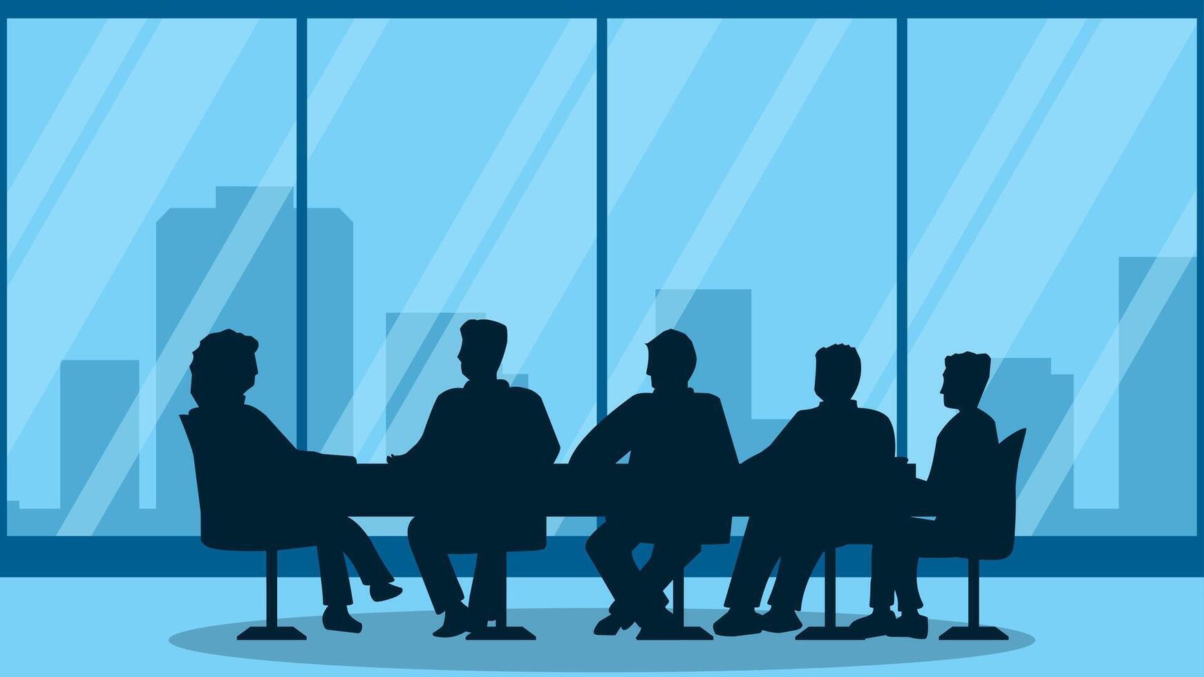 Illustration of a business meeting in the room of a skyline building. Illustration of five people discussing business in the office room. Meeting room with cityscape view of skyline building vector