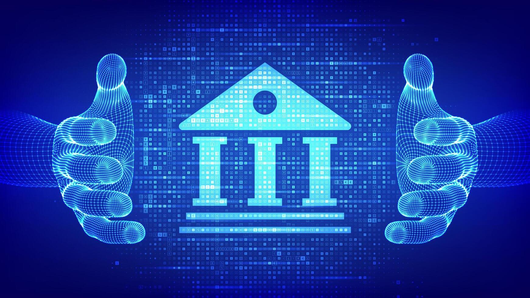 Banking service background. Bank icon made with currency symbols in wireframe hands. Dollar, euro, yen, pound icons. Background with currency signs. Bank financing, money exchange. vector