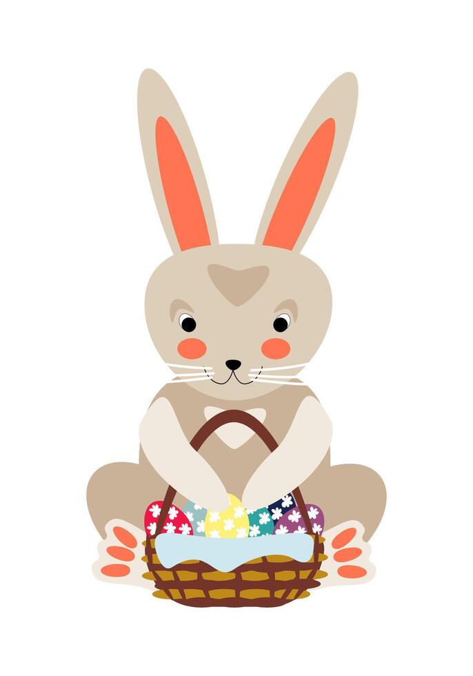 Cartoon easter gray bunny sitting with basket of colorful eggs vector