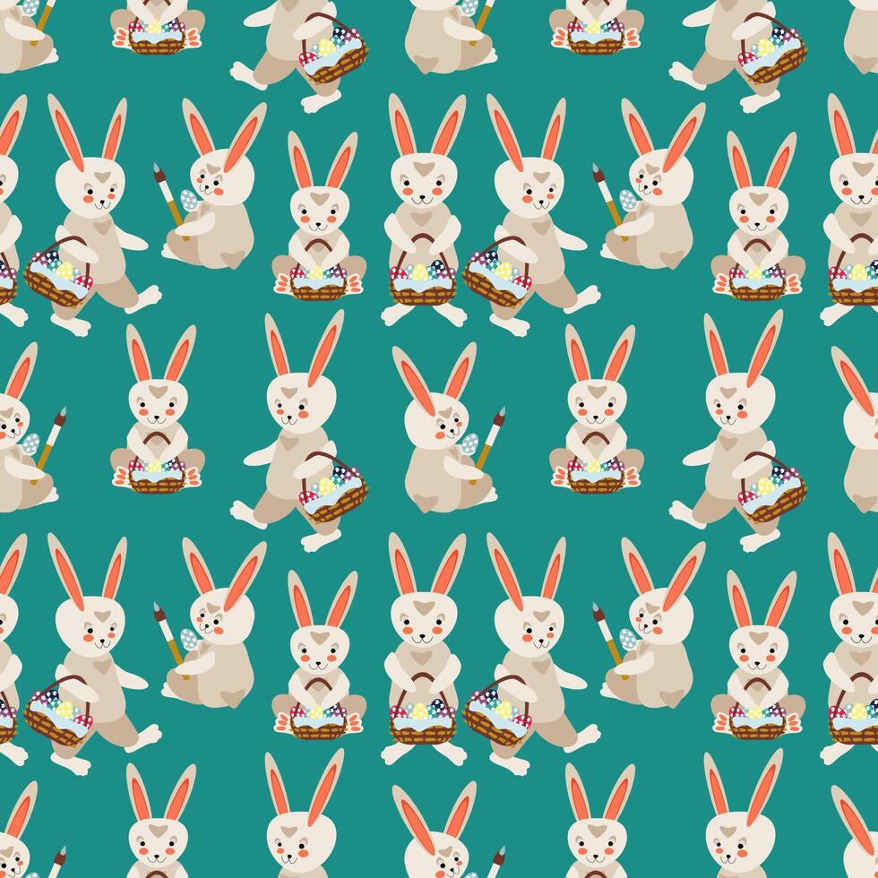 Easter pattern easter bunnies with baskets of colorful eggs vector