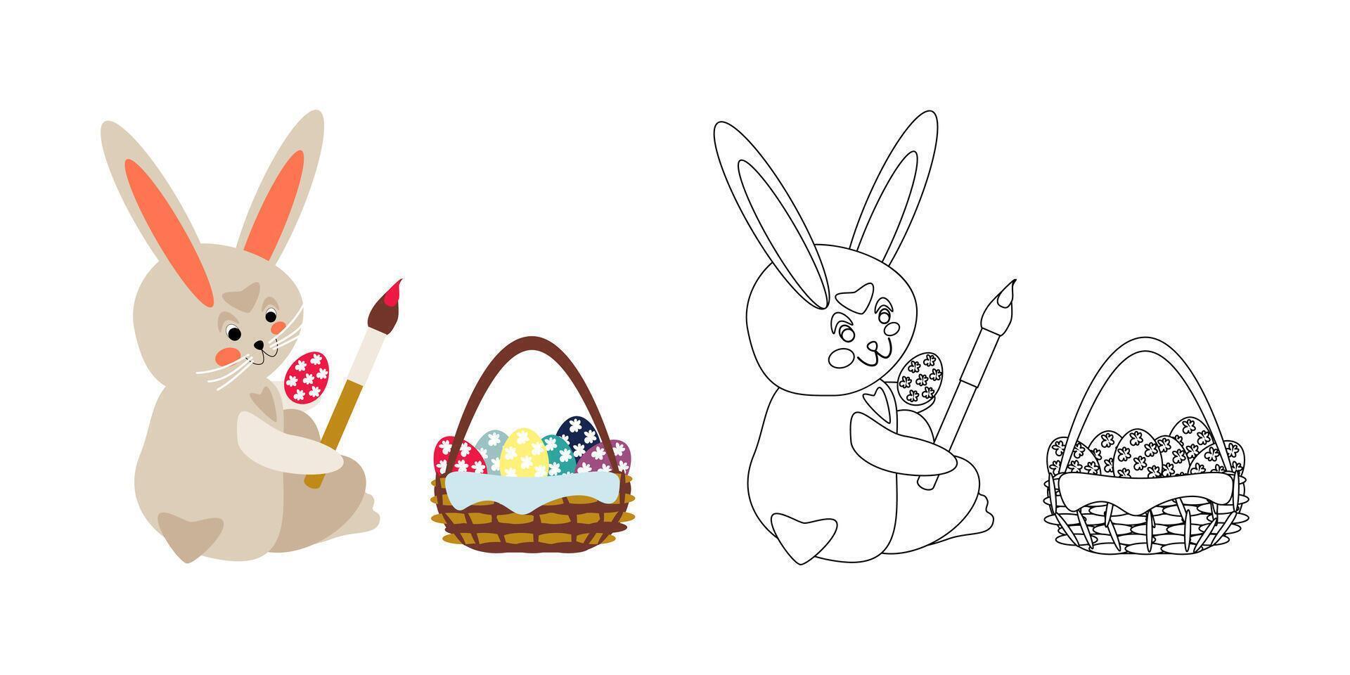 Cartoon bunny with basket paints Easter egg with brush vector