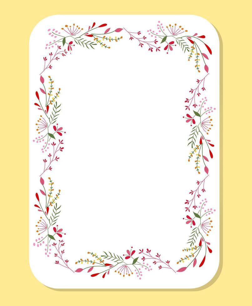 Delicate rectangular floral frame adorned with pink, red, yellow, green flowers and leaves. vector