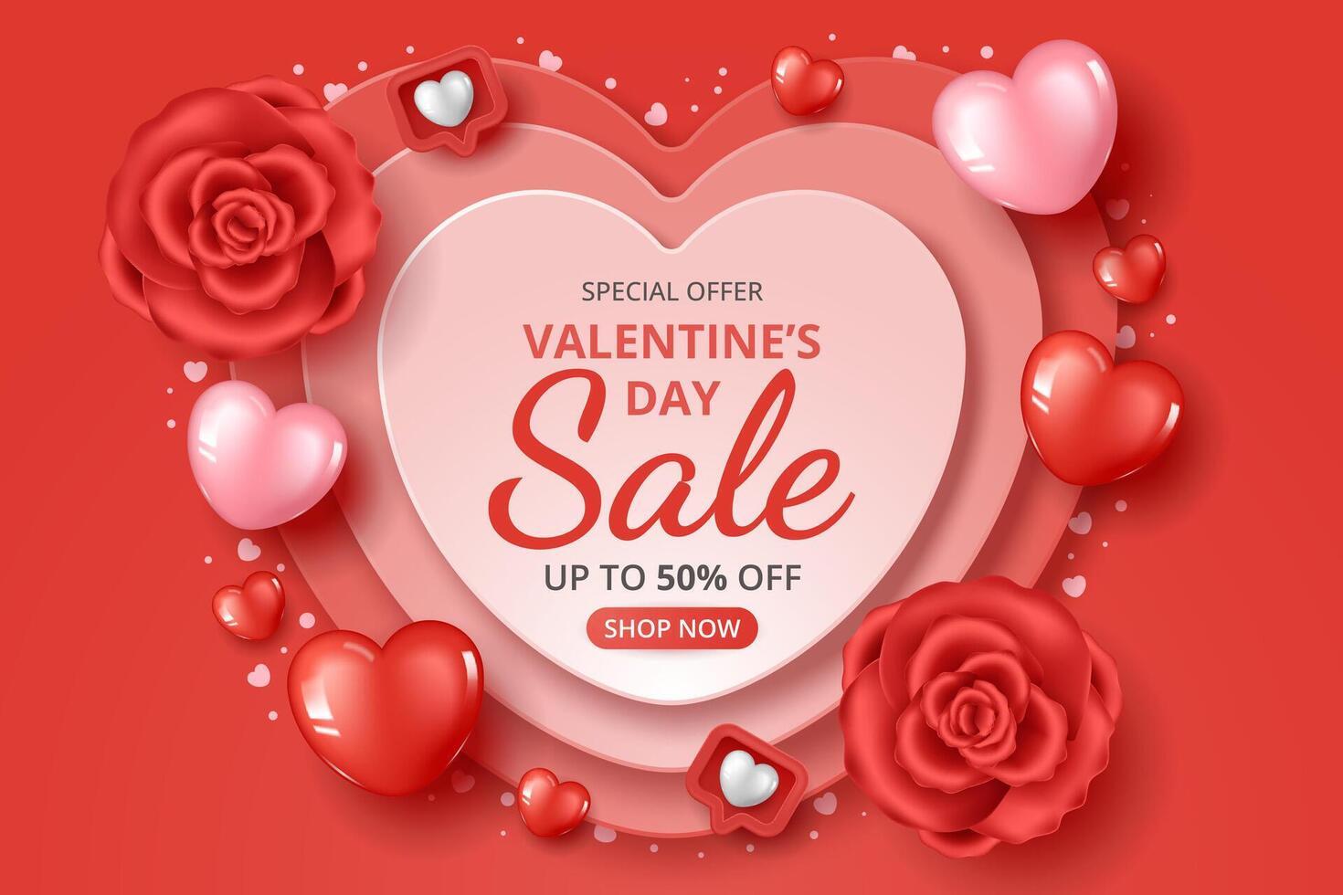 Valentine's day sale banner template with flowers, heart elements and paper cut heart shape. vector