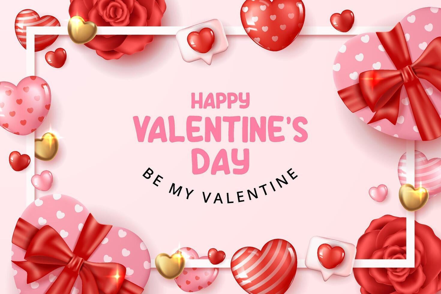 Happy Valentine's day background with Heart gift, flowers and hearts elements in pink background. vector
