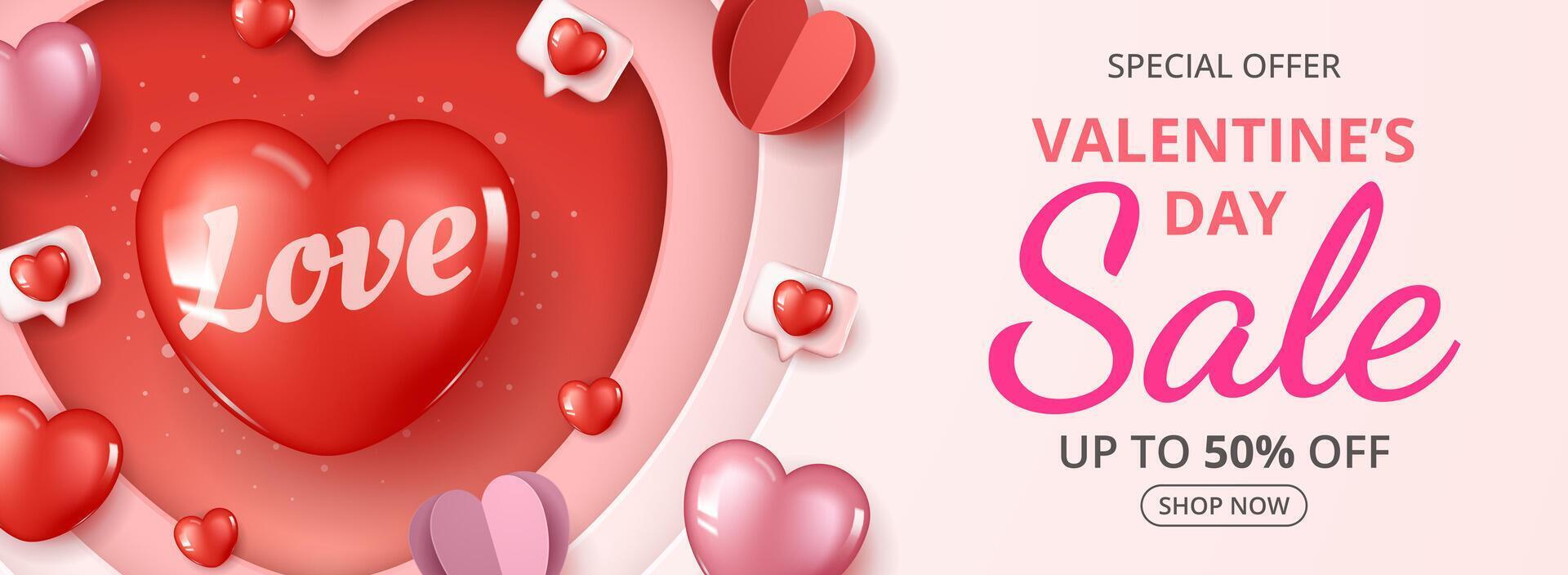 Valentine's day sale banner template with heart elements in red and pink paper cut heart background. vector