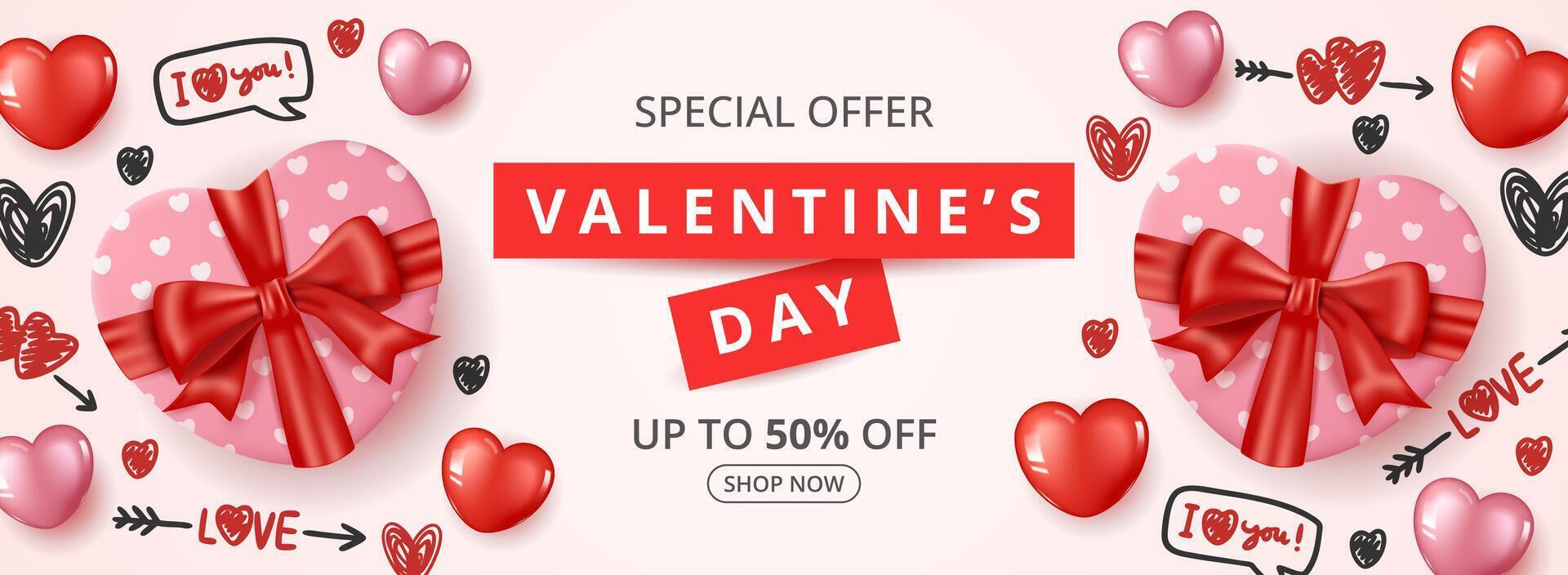 Valentine's day sale banner template with heart gift, heart elements and hand drawn valentine elements. vector