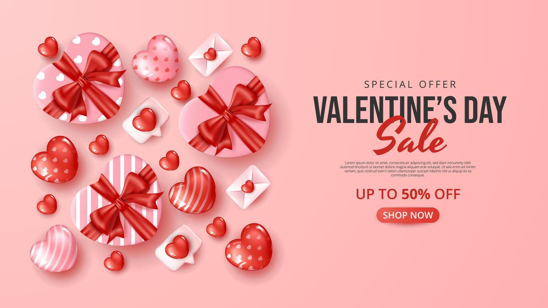 Valentine's day sale banner template with heart gift, envelope and heart elements. vector