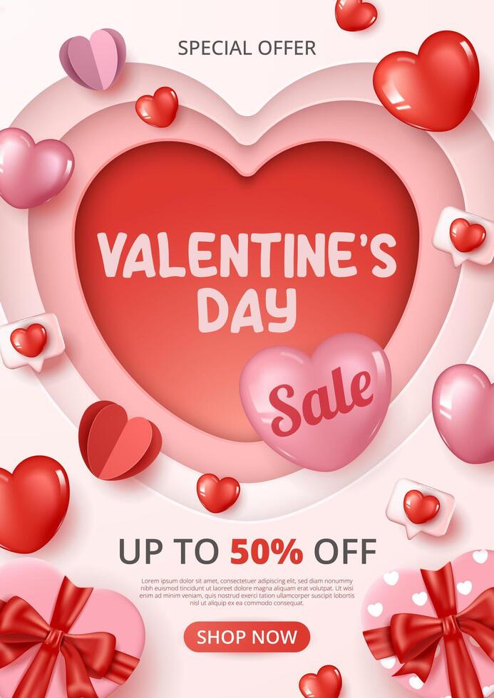 Valentine's day sale template with heart gift, and heart elements. vector