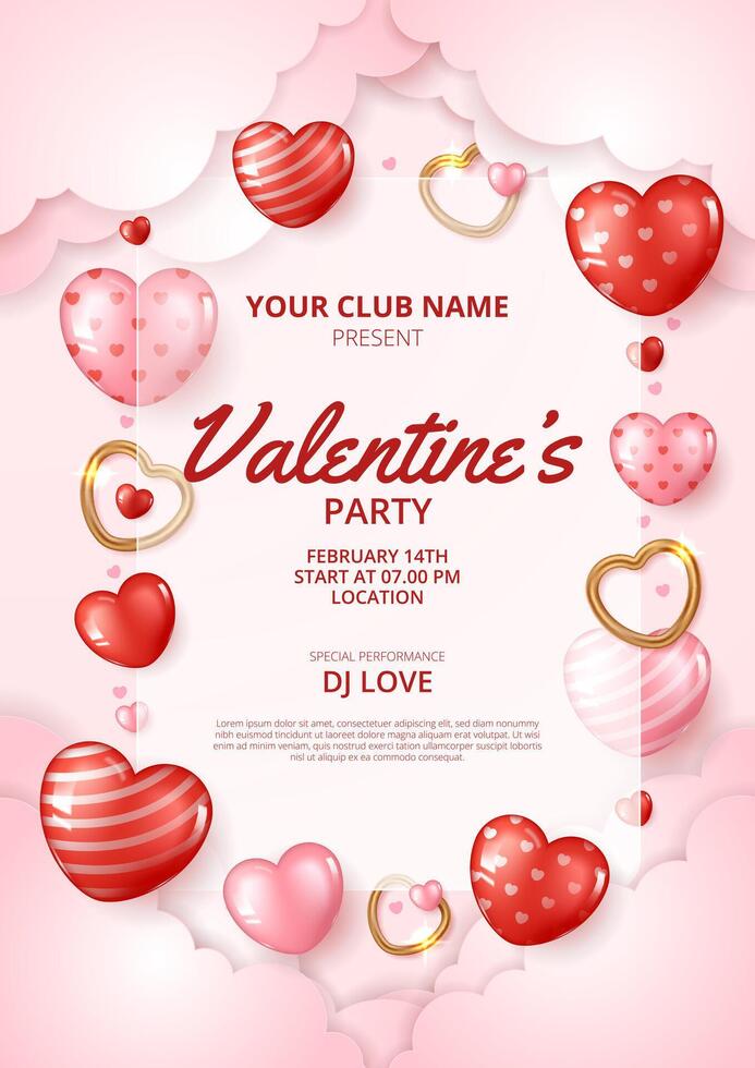 Happy Valentine's day party poster template with heart element and paper cut clouds. vector