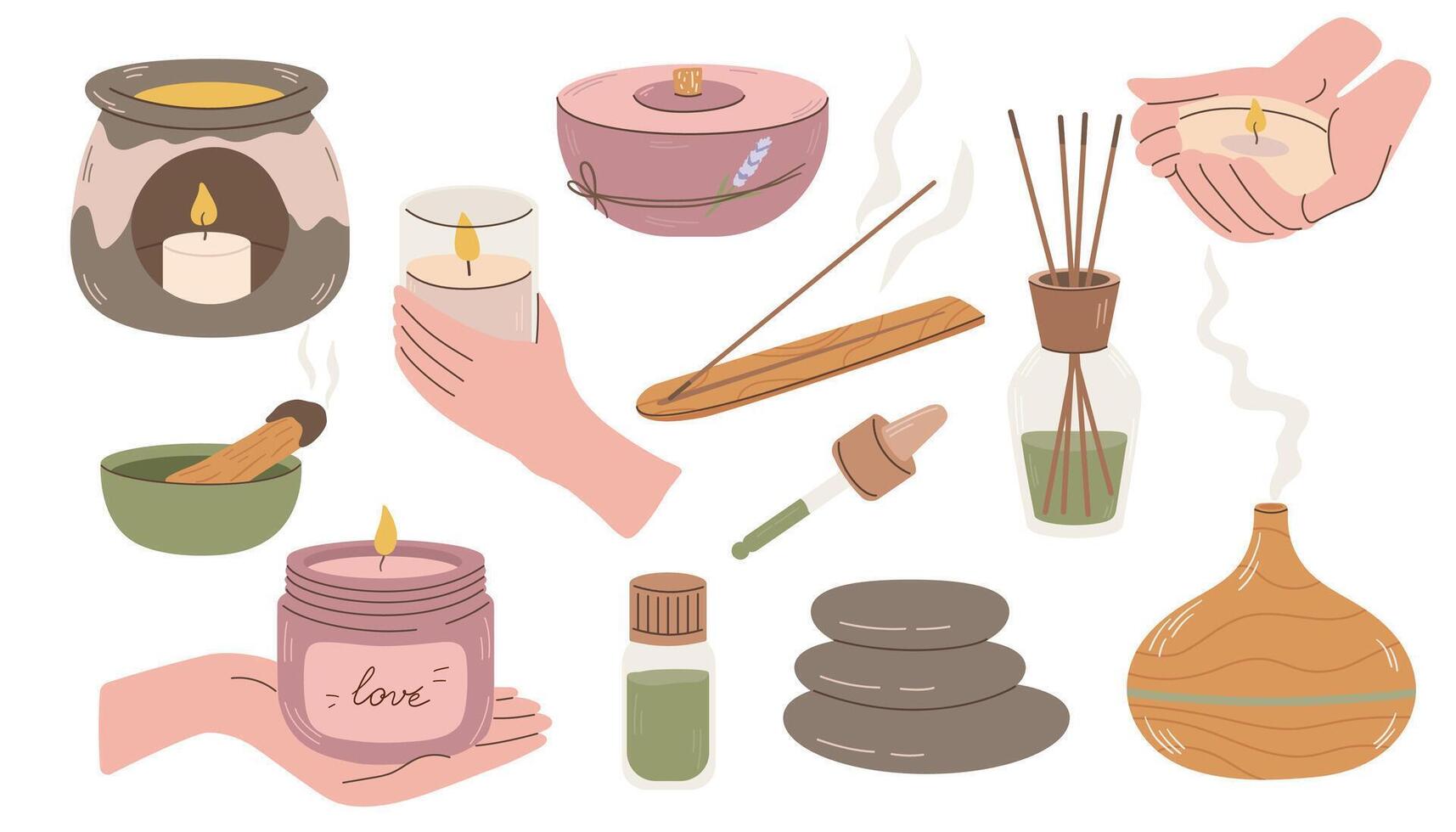 Aromatherapy set. Essential oils, candles, aroma lamps, diffuser, herbs, Palo santo, sage. Aromatic oil. Ayurveda Aromatic therapy. vector