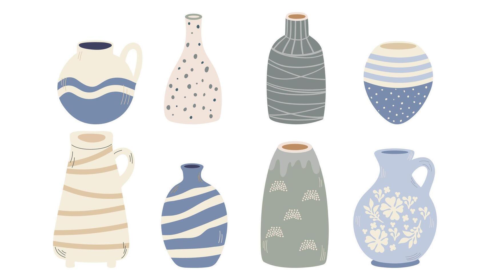 Ceramic vases set. Ceramic, vases, earthenware bowls. A set of ceramic jugs and vases. Flat set vector