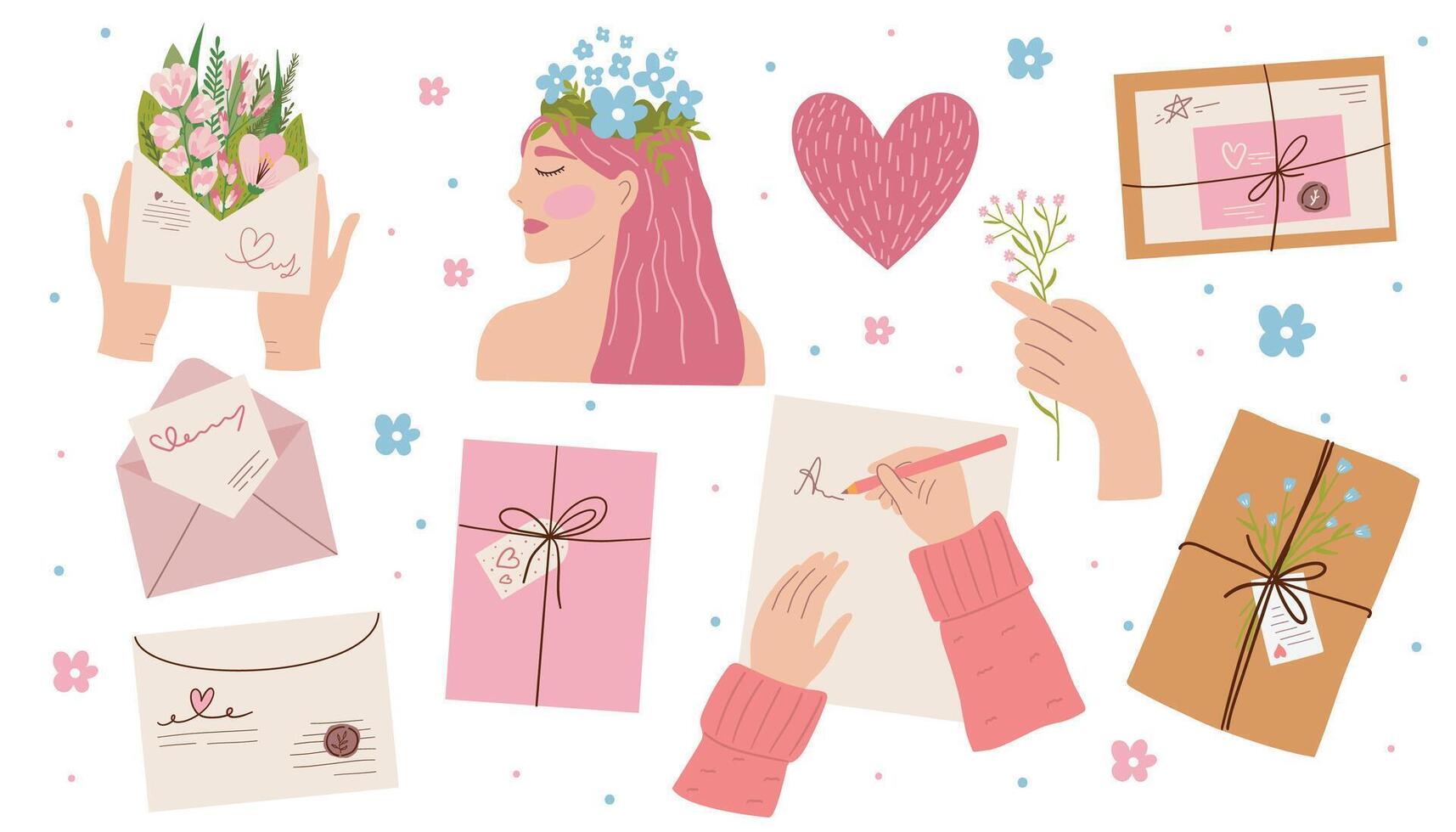 set of hand drawn illustrations love letter, flowers, Mental health. Harmony and happiness. Healthy mentality and self care vector