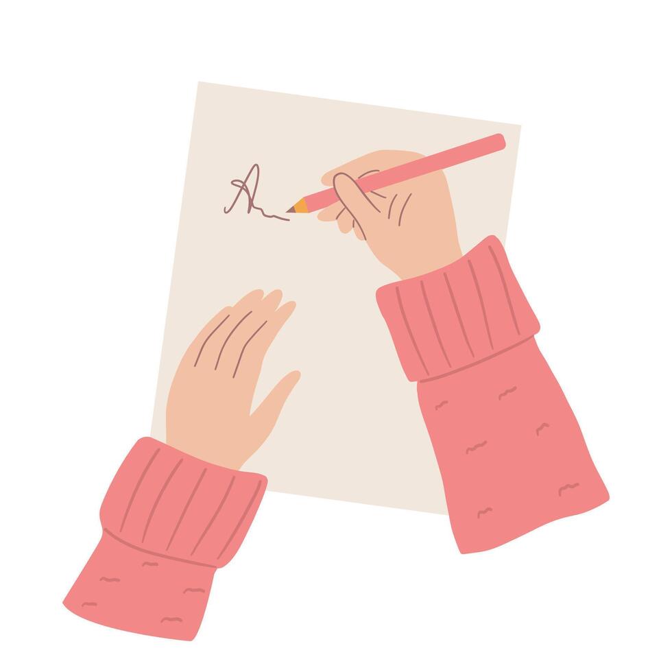 Woman hands with pen writing letter on a paper sheet. Top view. illustration of a woman writing on a sheet of paper with a pencil vector