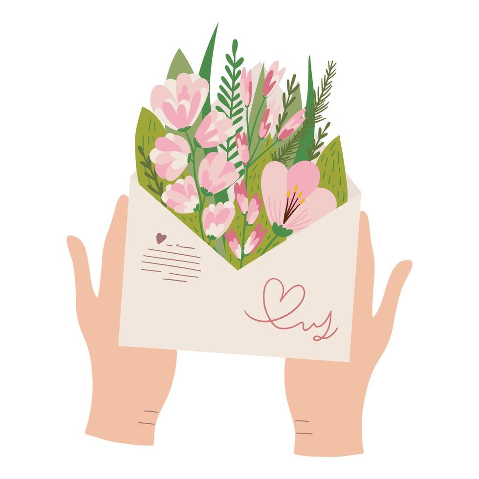 Hand holding a bouquet of spring flowers in a postal envelope. vector