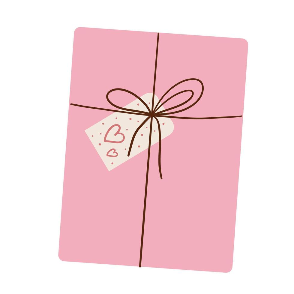 Pink envelope package with tag and bow. Colorful design. Romantic. illustration vector