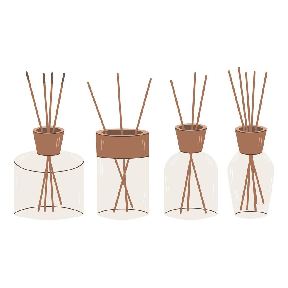 Aroma diffuser bottles with bamboo sticks. icon isolated on white background. vector