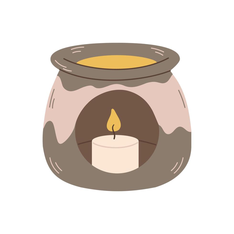 Cute illustration of burning candle in round candle holder. Aromatherapy, oil for aromalamp. Aromalamp. vector