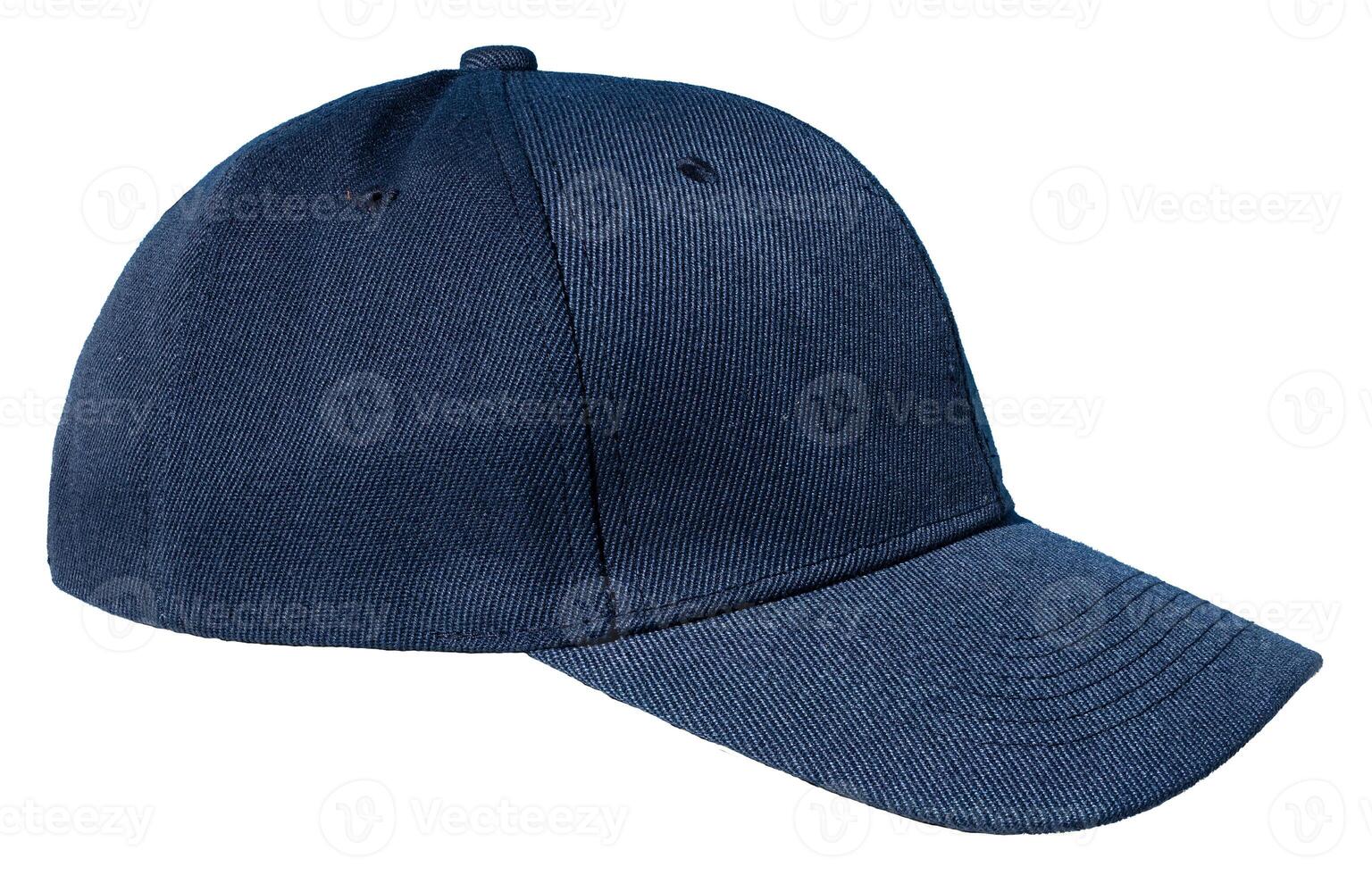 Profile view of Blank blue baseball cap isolated on white background. Template Mock up photo