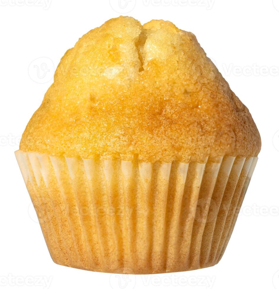 Golden muffin wrapped in pleated paper cup isolated on white background photo