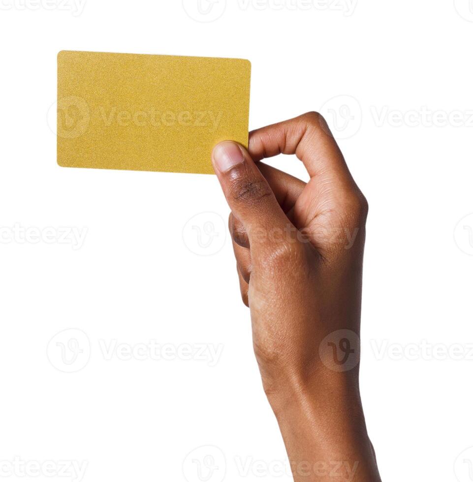 Closeup of black female hand holding plastic credit card , woman showing blank business card on white isolated studio background, copy space, cutout photo