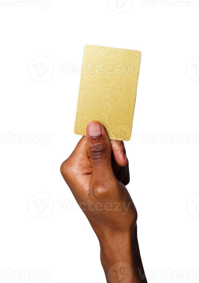 Closeup of black female hand holding plastic credit card , woman showing blank business card on white isolated studio background, copy space, cutout photo