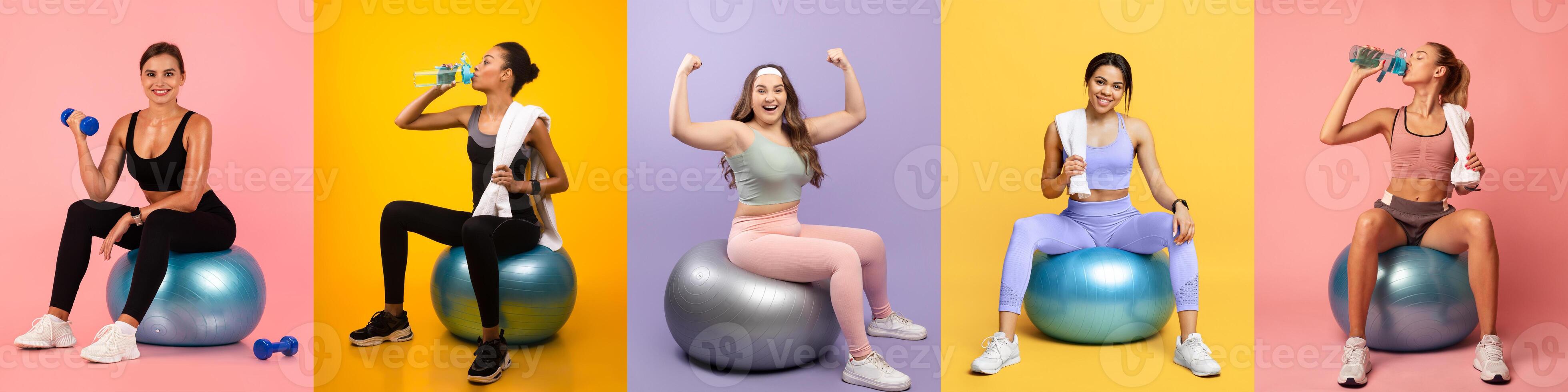 Five individuals engage in various fitness activities on stability balls, showcasing diverse workouts and vibrant colors in a bright studio environment. Each person emphasizes health and wellness. photo
