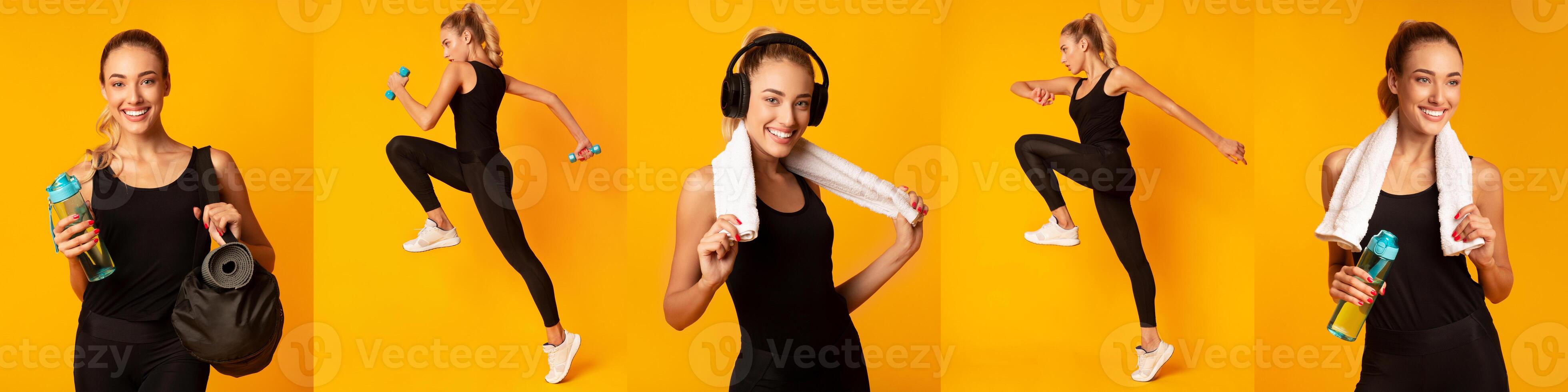 A young woman with a joyful expression stands ready for her workout, showcasing various activities including stretching, using weights, and wearing headphones. She appears enthusiastic and fit. photo