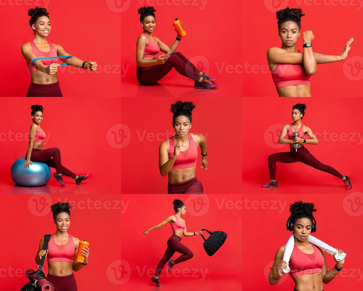 A fitness enthusiast performs diverse exercises including strength training, cardio, and stretching on a bright red background, showcasing different workout gear and techniques with enthusiasm. photo