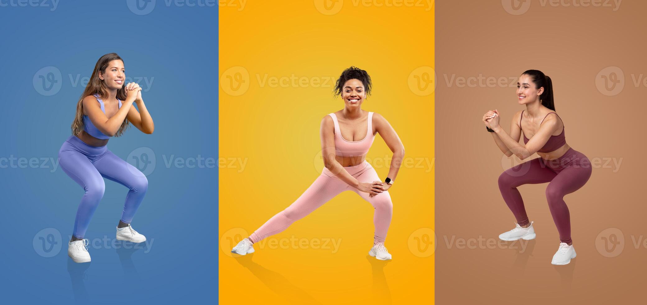 Three women perform squat exercises in vibrant athletic wear, set against colorful backgrounds. They demonstrate focus and energy while engaging in a popular fitness activity. photo