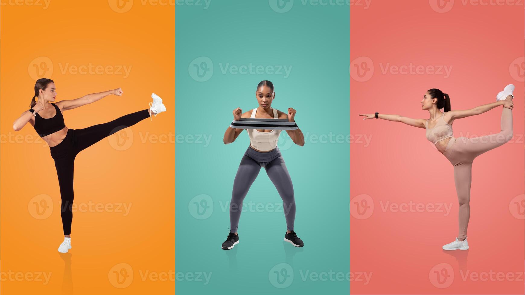 Three women are engaged in various fitness activities, showcasing leg kicks, weight lifting, and a graceful balance pose against vibrant colored backgrounds. photo