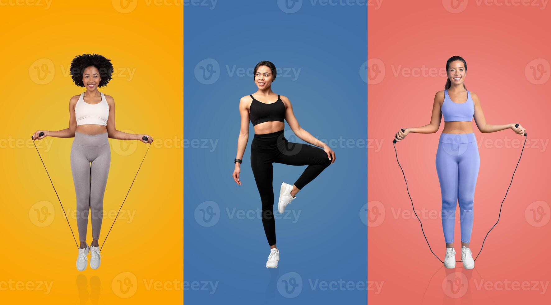 Three women are actively jumping rope, showcasing their fitness routines. Each woman wears different athletic outfits and stands against bright, colorful backgrounds. photo