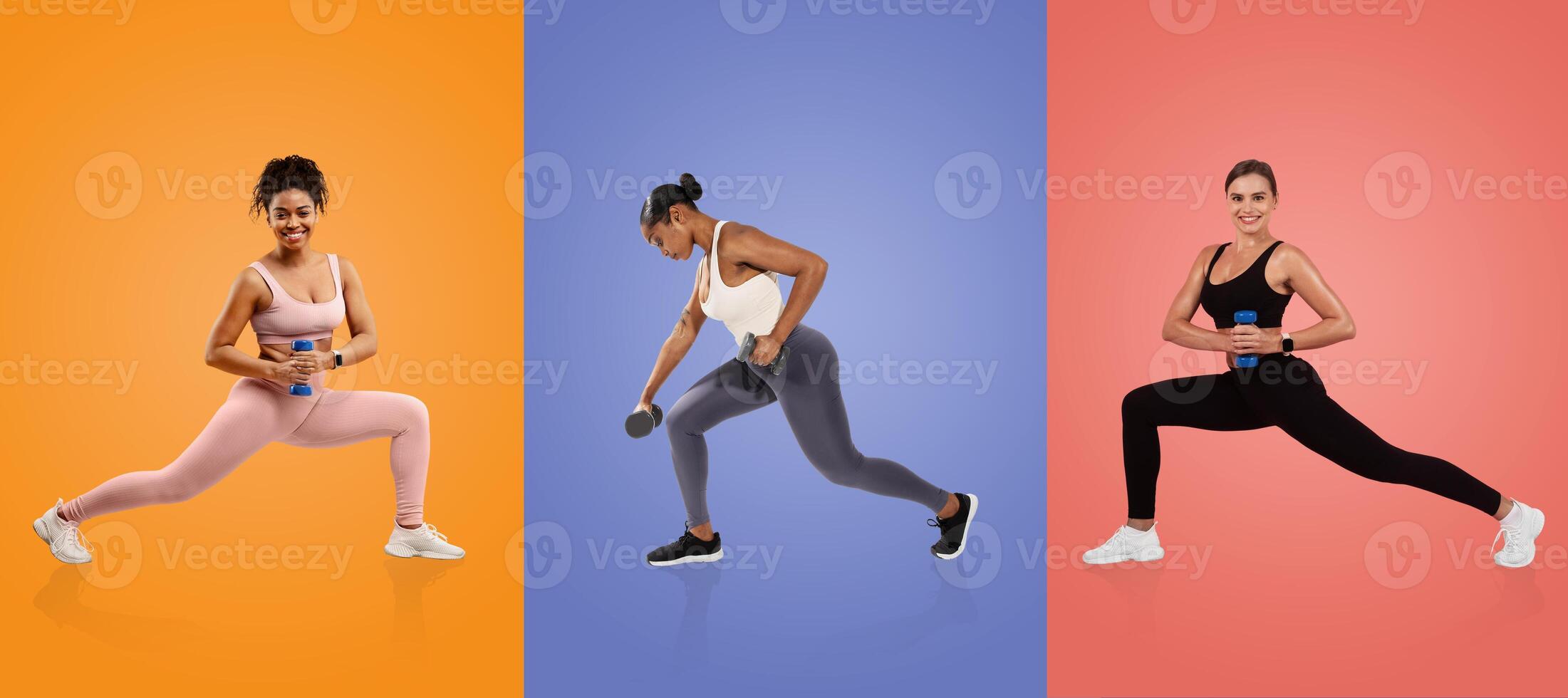 Three women perform different strength exercises with dumbbells against vibrant backgrounds. Each woman showcases various workout styles, promoting fitness and wellness. photo