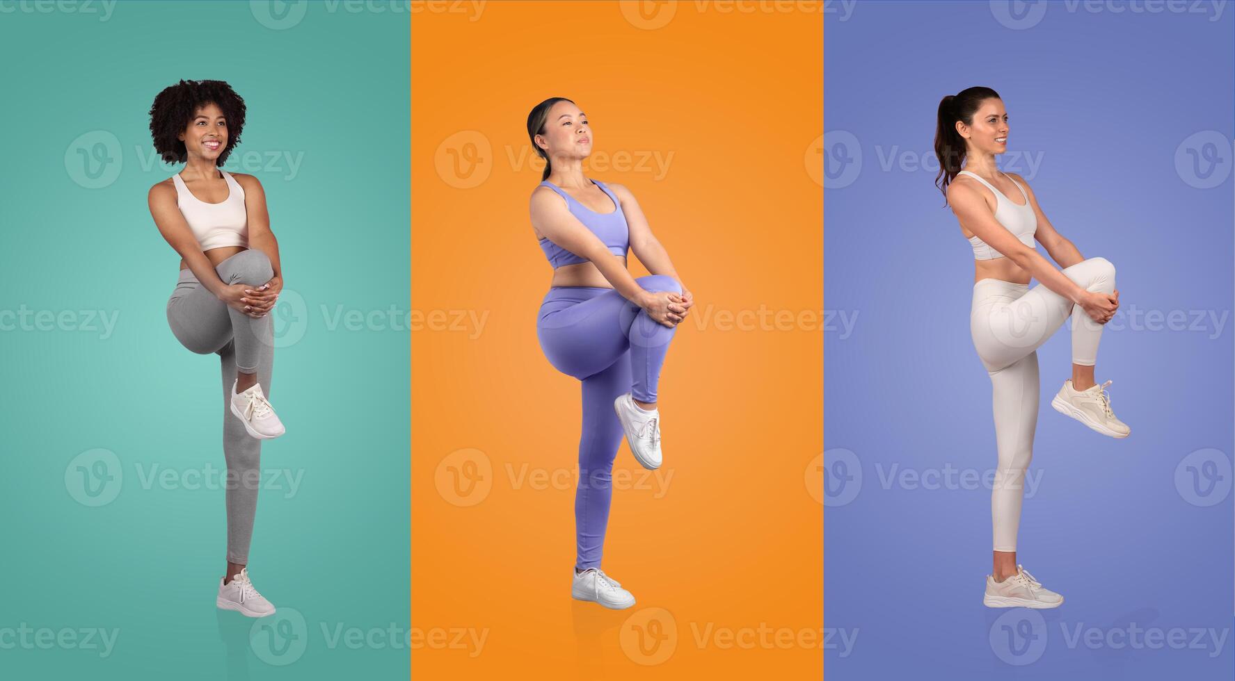 Three women perform dynamic stretches against vibrant backgrounds. Each demonstrates a unique pose while wearing activewear. The setting highlights their commitment to fitness and wellness. photo