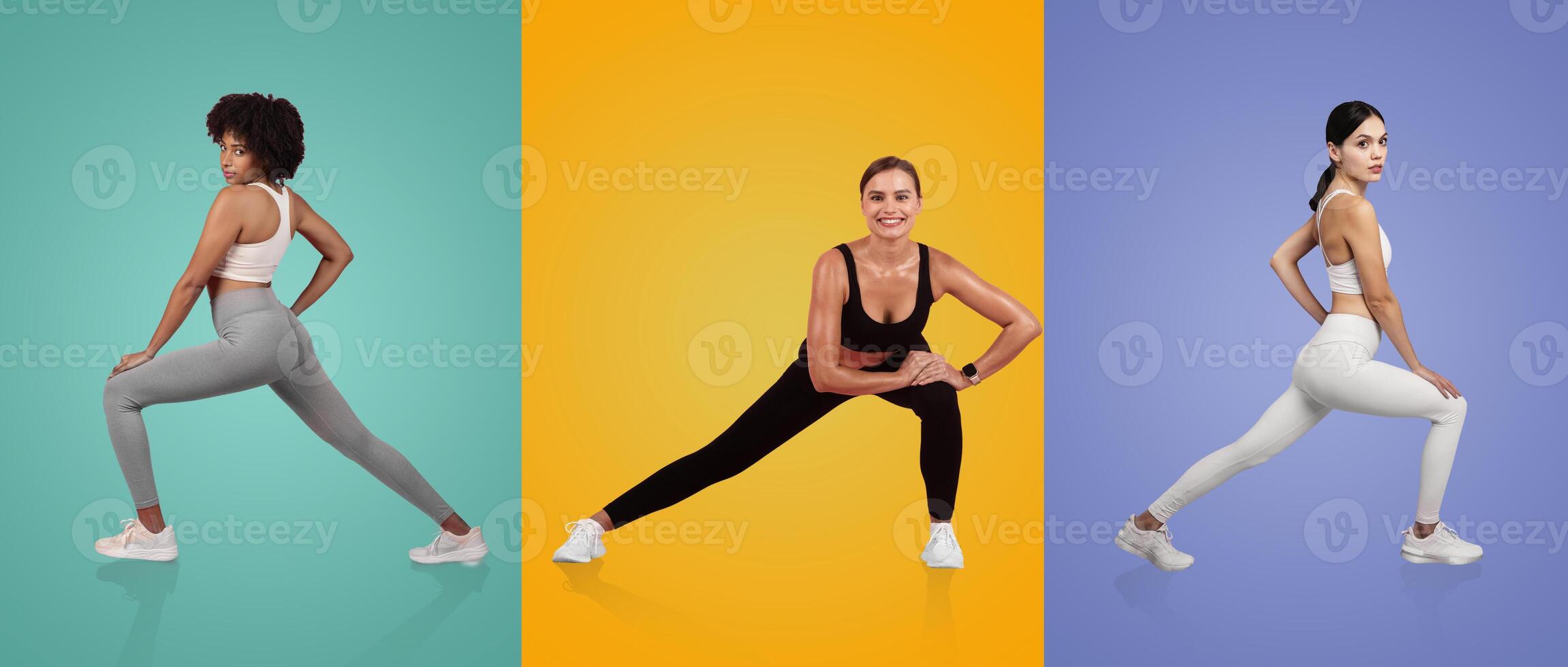 Three women perform lunges in vibrant settings, demonstrating strength and fitness. They wear different athletic outfits, highlighting diversity in exercise routines and body types. photo