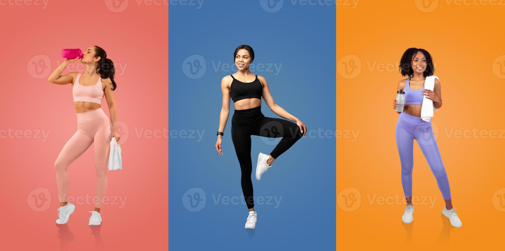 Three women showcase stylish activewear in vibrant colors, engaging in various fitness poses while promoting a healthy lifestyle in a lively studio environment. photo