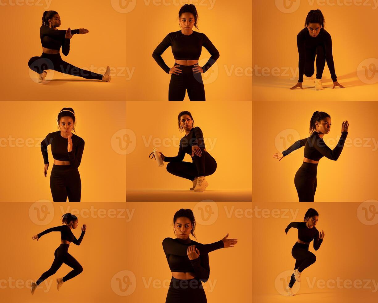 Black lady dancer performs a series of dynamic poses, showcasing flexibility and athleticism against a warm orange background. The choreography emphasizes movement, energy, and gracefulness. photo