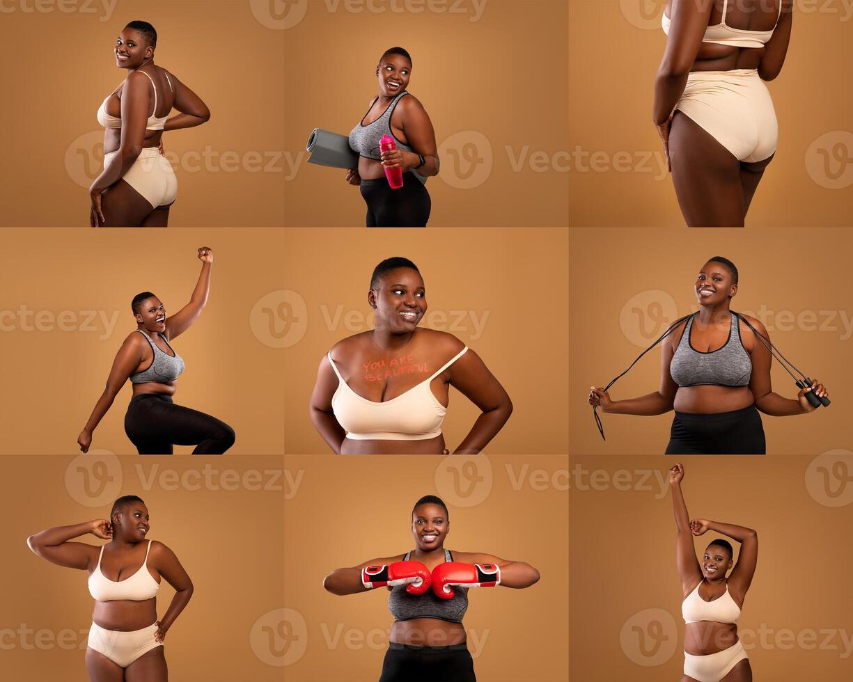 A confident African American overweight woman showcases various workout poses, from lifting weights to skipping rope, emphasizing strength and body positivity against a warm-toned backdrop. photo