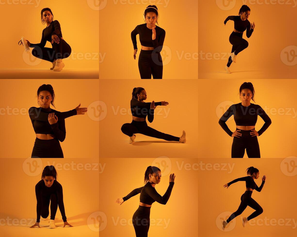 A fitness enthusiast black lady performs a variety of exercises in a warm amber-lit studio. The movements that highlight flexibility and strength, emphasizing dynamic action and energy. photo
