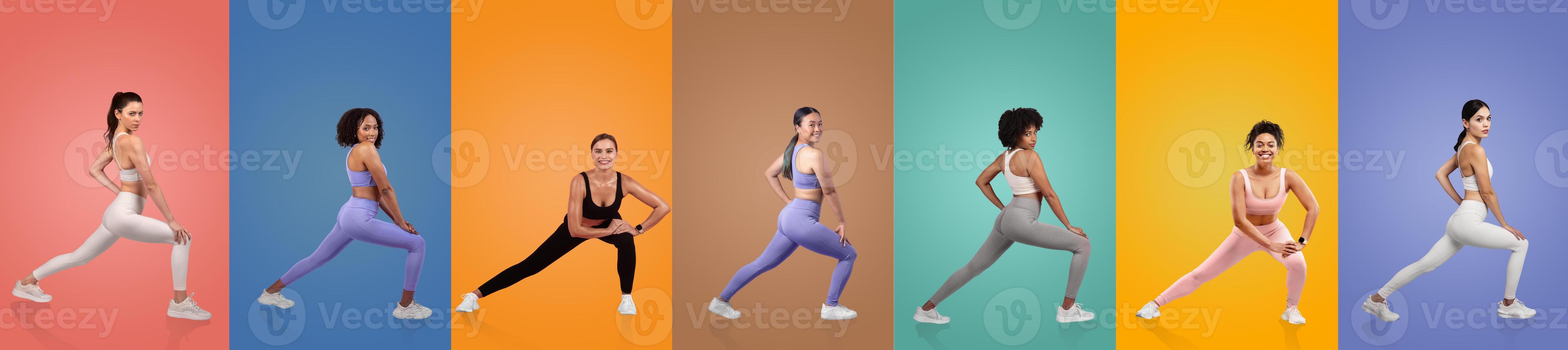 A group of women showcases various fitness poses, each set against a vibrant background. The models demonstrate strength and flexibility in coordinated athletic wear. photo