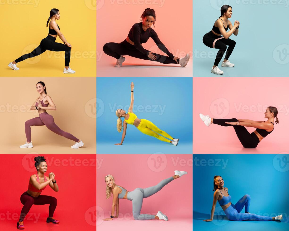 A vibrant display of women engaged in different exercises, showcasing strength and flexibility. Each is on a unique background, highlighting their fitness routines. photo
