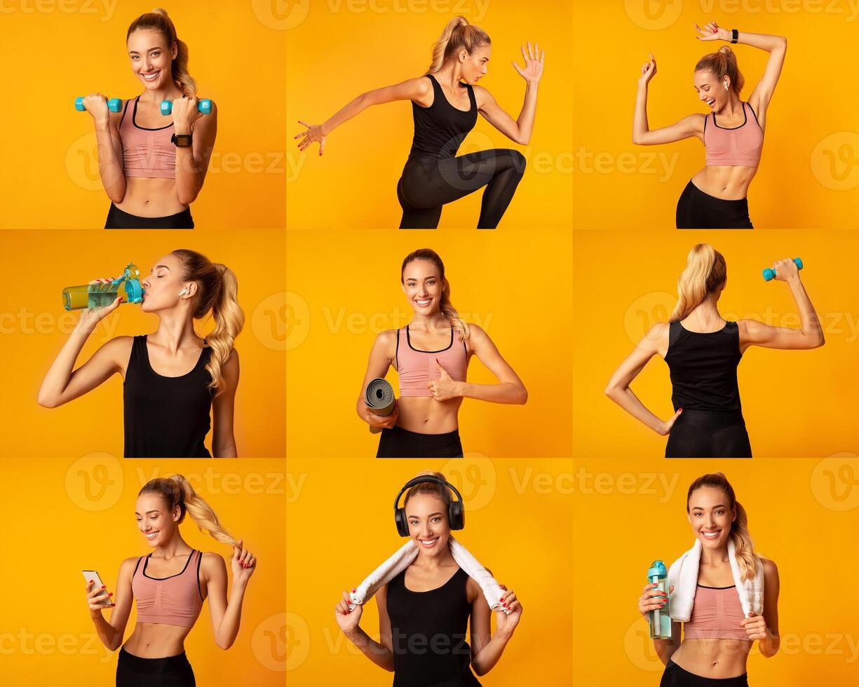 A woman engages in multiple workout poses, showcasing exercises with weights, hydration, and listening to music, all set against a vibrant yellow background, promoting an active lifestyle. photo